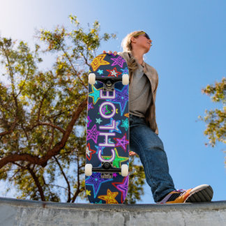 Glowing Stars Pattern With Name Skateboard