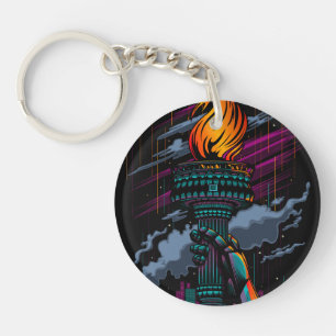Glowing Statue of Liberty Rain Scene Purple Teal Key Ring