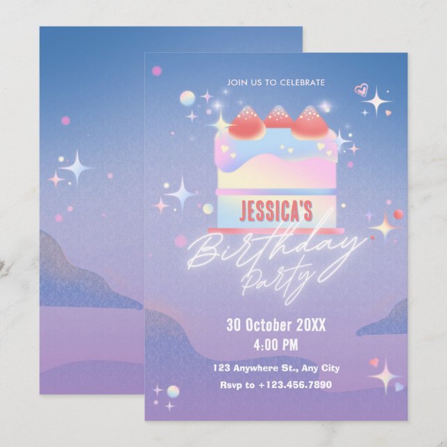 Glowing strawberry cake birthday invitation (Front/Back)