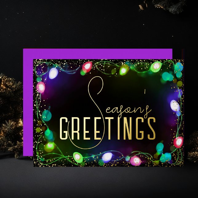 Glowing String Christmas Lights Season's Greetings Foil Holiday Card (Creator Uploaded)