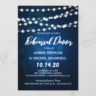 Glowing String Lights Deep Blue Rehearsal Dinner Invitation