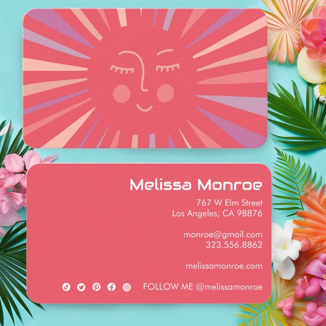 Glowing Sun Cute and Charming Colourful Pink Business Card (Glowing Sun Cute and Charming Colorful Pink Business Card
Social Media Icons)