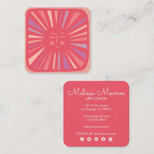 Glowing Sun Cute and Charming Colourful Pink  Square Business Card (Front/Back)