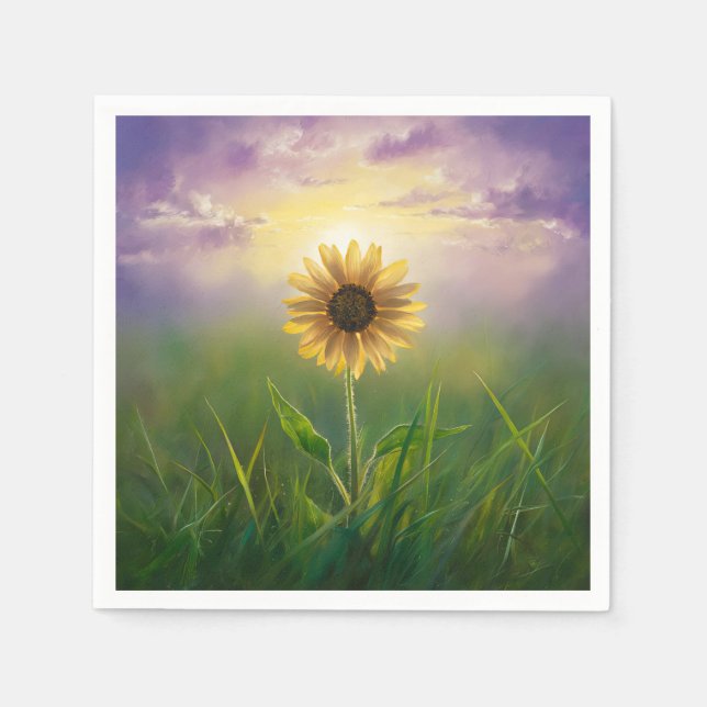 Glowing Sunflower In Grassy Field Napkin (Front)