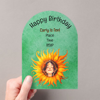 Glowing Sunflower Young Girl Face in Centre Green Acrylic Invitations