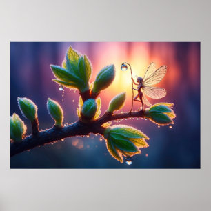 Glowing sunrise background with winged creature poster