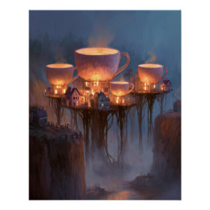 Glowing Teacup Towers Above Misty Cliffs Poster