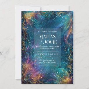 Glowing Teal Purple Celestial Swirl Wedding Invitation