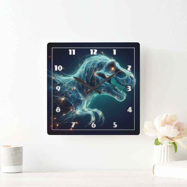 Glowing Tyrannosaurus Rex in Mystical Atmosphere Square Wall Clock (Home)