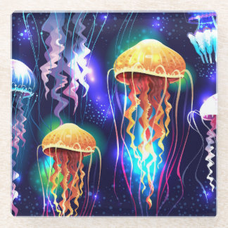 Glowing Underwater Jellyfish Horizontal Banner Glass Coaster