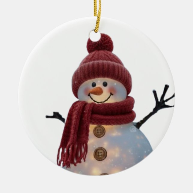 Glowing Winter Snowman - Cozy Christmas Night Ceramic Tree Decoration (Front)