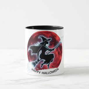 Glowing Witch Flying Over Red Moon Halloween Mug