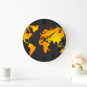 Glowing World Map in Orange and Yellow Large Clock