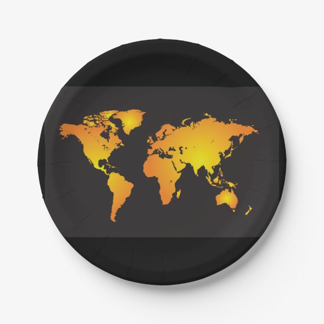 Glowing World Map in Orange and Yellow Paper Plate (Front)