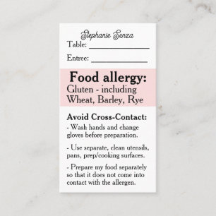 Gluten Allergy Restaurant Card, Celiac Food Safety Business Card