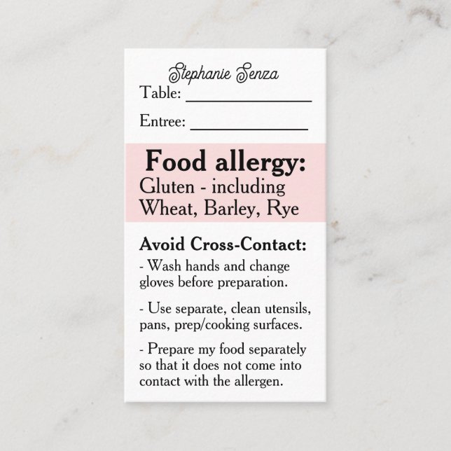 Gluten Allergy Restaurant Card, Celiac Food Safety Business Card (Front)