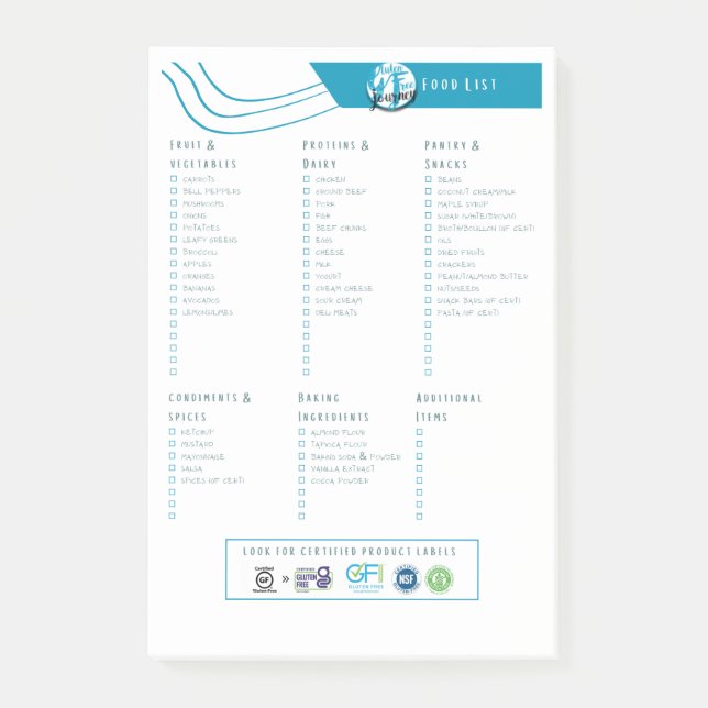 Gluten Free Food List | Grocery List Notepad (Front)