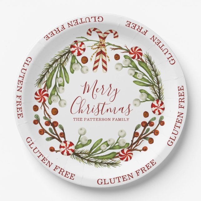Gluten Free Merry Christmas Candy Cane Floral Paper Plate (Front)