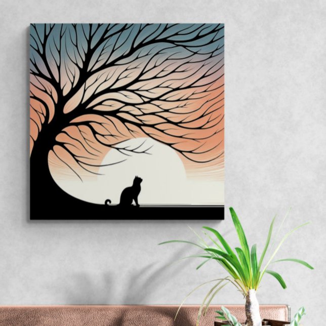 Gnarly Tree Black Cat silhouette in The Rising Sun Canvas Print (Creator Uploaded)