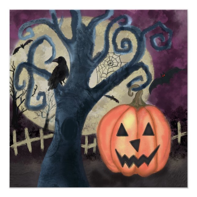 Gnarly Tree Halloween Scene Poster (Front)
