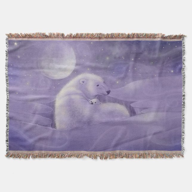 Gnetle Winter Polar Bear and Cub Wildlife Fantasy Throw Blanket (Front)