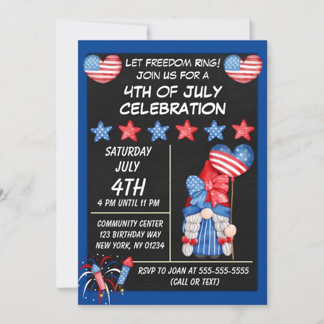 Gnome 4th of July Party Invitation in Blue (Front)