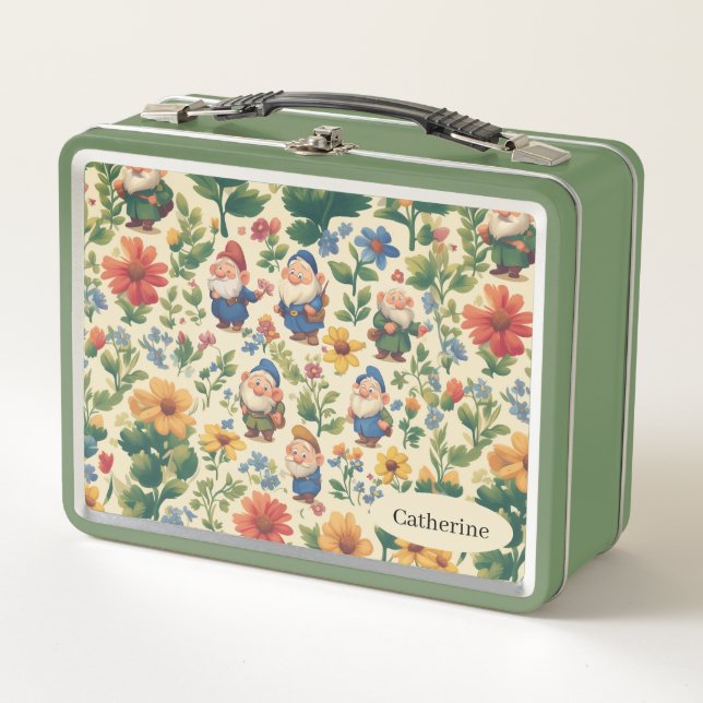 Gnome a flower pattern design metal lunch box (Front)