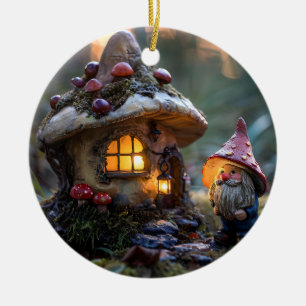 Gnome and a mushroom house, fantasy design ceramic tree decoration