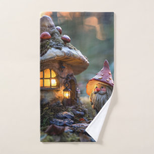 Gnome and a mushroom house, fantasy design hand towel