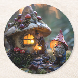 Gnome and a mushroom house, fantasy design round paper coaster