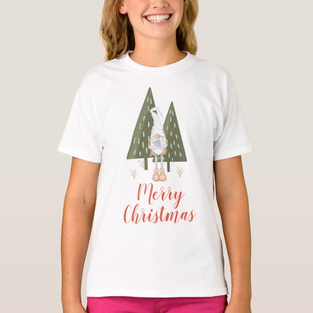 Gnome and Bluebird Merry Christmas  T-Shirt (Front)