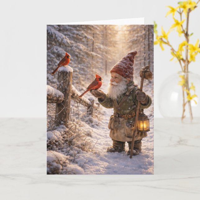 Gnome and Cardinal Card (Yellow Flower)