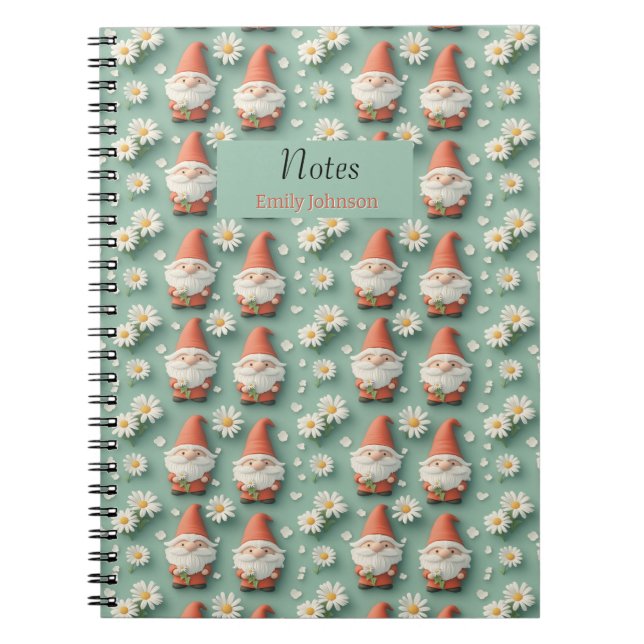 Gnome and Daisy Seamless Pattern Garden Design Notebook (Front)