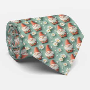 Gnome and Daisy Seamless Pattern Garden Design Tie