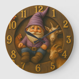 Gnome and Farm Animals in Cosy Garden Scene Large Clock