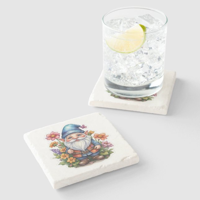 Gnome And Flowers 2 Stone Coaster (Side)