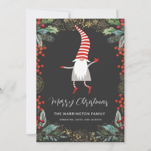 Gnome And Holly Berries Holiday Card