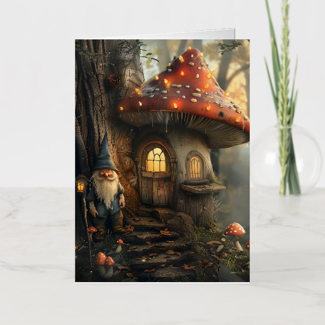Gnome and mushroom house design foil greeting card (Front)