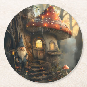 Gnome and mushroom house design round paper coaster