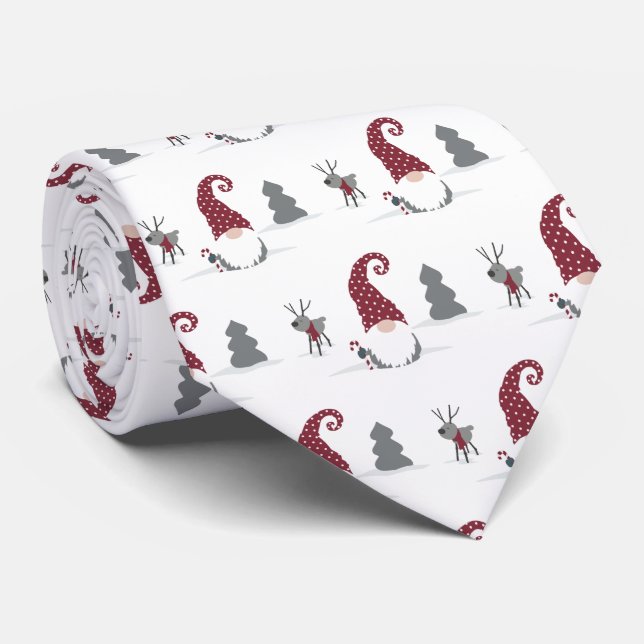 Gnome and Reindeer Scandinavian Tomte design Tie (Rolled)