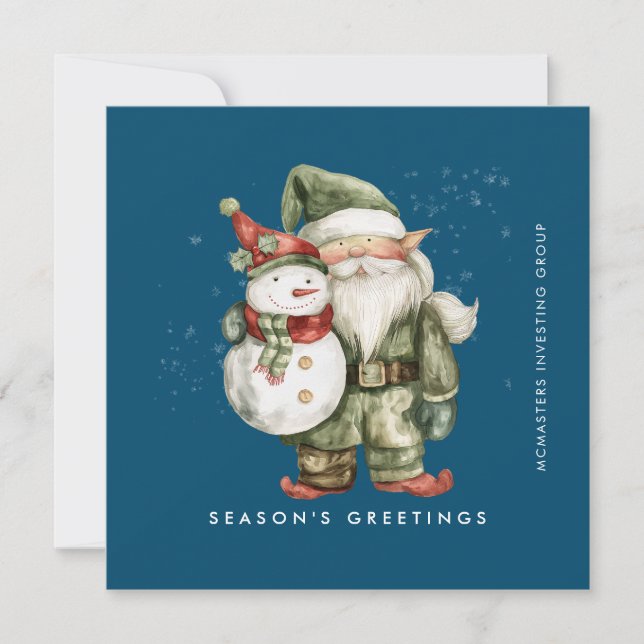 Gnome and Snowman Season's Greetings Business Flat Holiday Card (Front)