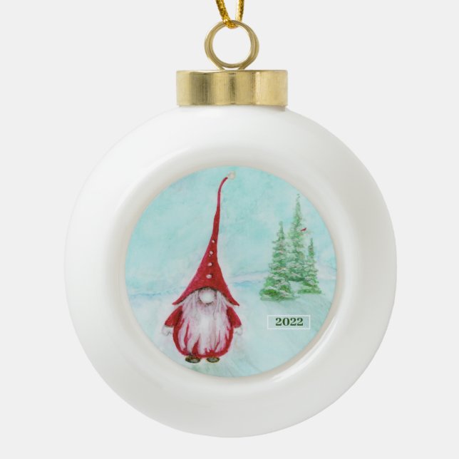 Gnome Artsy Holiday Ceramic Ornament (Front)