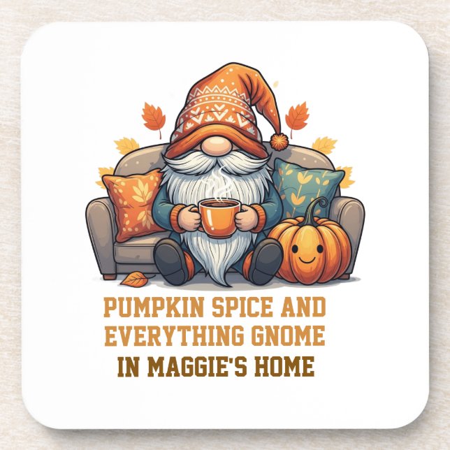 Gnome at home cosy - pumpkin design coaster (Front)