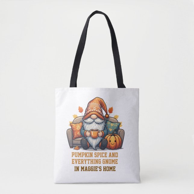 Gnome at home cosy - pumpkin design tote bag (Front)