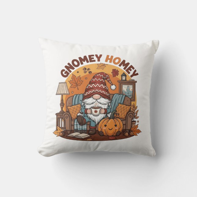Gnome at home seasonal pumpkin design cushion (Front)