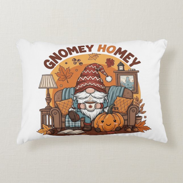 Gnome at home seasonal pumpkin design decorative cushion (Front)