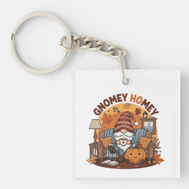 Gnome at home seasonal pumpkin design key ring (Front)