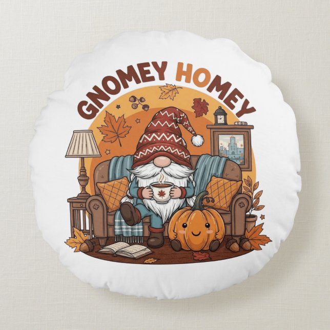 Gnome at home seasonal pumpkin design round cushion (Front)
