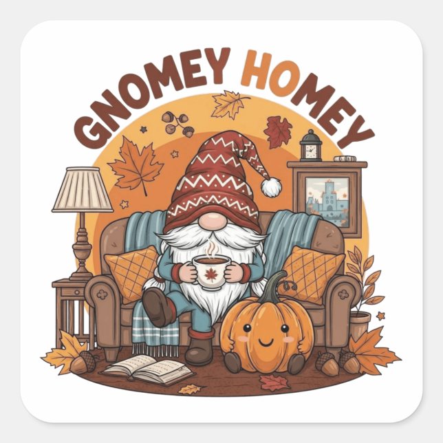 Gnome at home seasonal pumpkin design square sticker (Front)