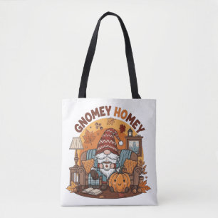 Gnome at home seasonal pumpkin design tote bag